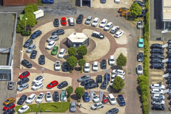 Aerial photo, Skoda Autohaus Jost GmbH & Co. KG, new cars set up in the district, Niedereimer, Arnsberg, Sauerland, North Rhine-Westphalia, Germany, DE, Europe, aerial photography, aerial photography, aerial photography, Ruhr area, overview, bird's-eye view, birds-eyes view, overview
