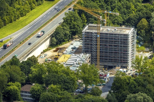 Aerial view, construction site with new Arnsberg town hall on the A46 motorway, Neheim, Arnsberg, Sauerland, North Rhine-Westphalia, Germany, DE, Europe, aerial view, aerial photography, aerial photography, Ruhr area, overview, bird's-eye view, overview
