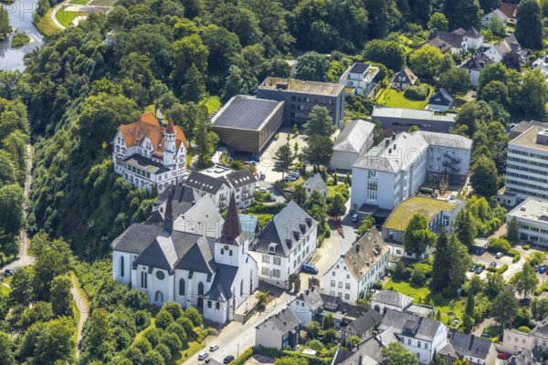 Aerial view, Wedinghausen Monastery and St Laurentius Catholic Provost Church, Laurentianum Grammar School and Villa with Spitzurm Senioren-Wohnpark Arnsberg GmbH, Arnsberg, Sauerland, North Rhine-Westphalia, Germany, drone image, Wedinghausen Monastery, St Laurentius Catholic Provost Church, St Laurentianum Grammar School, Villa, Spitzurm, senior citizens' residential park, architecture, historical buildings, church, school building, residential park, cityscape, perspective from above, cultural heritage, cityscape, cityscape. Laurentius, Gymnasium Laurentianum, villa, Spitzturm, senior citizens' residential park, architecture, historical buildings, church, school building, residential park, city view, cityscape, perspective from above, cultural heritage, religion, education, living, urban environment, green spaces, infrastructure, tourism, scenic, European, sights, aerial view