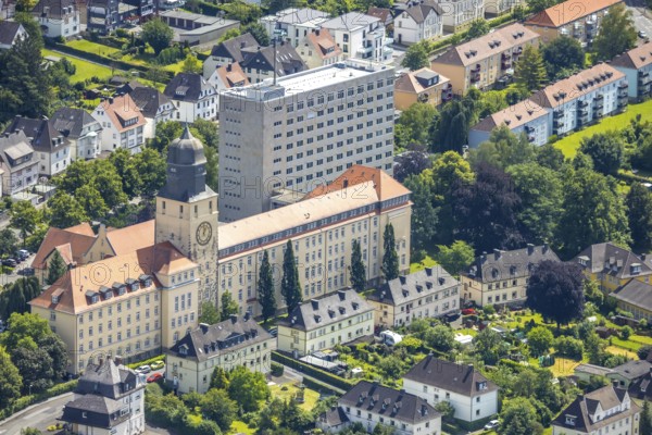 Aerial view, Arnsberg district government building, apartment buildings, Arnsberg, Sauerland, North Rhine-Westphalia, Germany, building, Arnsberg district government, architecture, administration, city, residential building, urban, office building, sky, clouds, city scene, structure, infrastructure, administration building, housing estate, city view, urban planning, roofs, exterior shot, perspective, moderation, summer, daylight