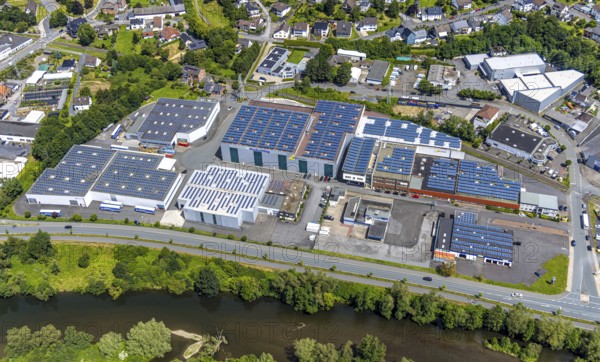 Aerial view, industrial estate Dieselstraße with solar panel on the company buildings, river Ruhr, Niedereimer, Arnsberg, Sauerland, North Rhine-Westphalia, Germany, DE, Europe, aerial view, aerial photography, aerial photography, Ruhr area, overview, bird's-eye view, overview