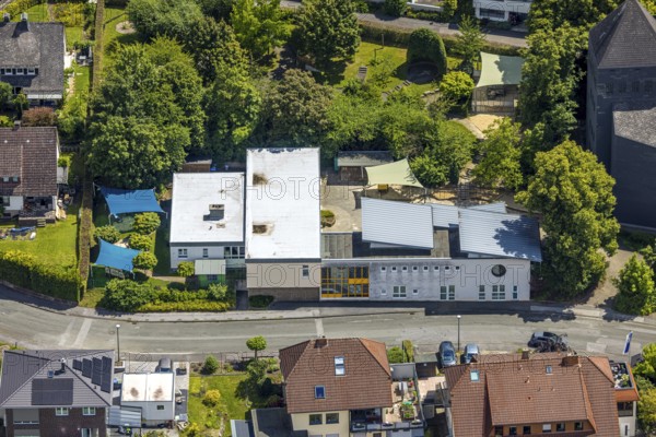 Aerial view, Catholic Kindergarten Heilig Kreuz Kreuzkirchweg, Obereimer, Arnsberg, Sauerland, North Rhine-Westphalia, Germany, DE, Europe, aerial view, aerial photography, aerial photography, Ruhr area, overview, bird's eye view, birds-eyes view, overview