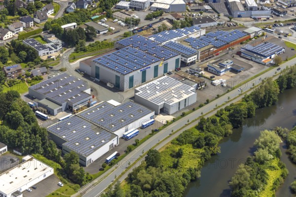 Aerial view, industrial estate Dieselstraße with solar panel on the company buildings, river Ruhr, Niedereimer, Arnsberg, Sauerland, North Rhine-Westphalia, Germany, DE, Europe, aerial view, aerial photography, aerial photography, Ruhr area, overview, bird's-eye view, overview