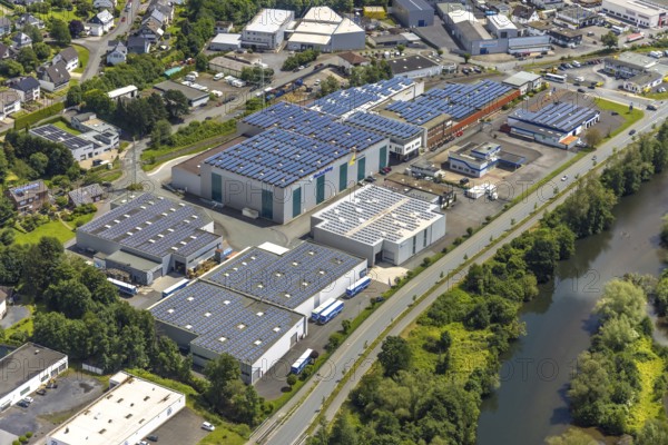 Aerial view, industrial estate Dieselstraße with solar panel on the company buildings, river Ruhr, Niedereimer, Arnsberg, Sauerland, North Rhine-Westphalia, Germany, DE, Europe, aerial view, aerial photography, aerial photography, Ruhr area, overview, bird's-eye view, overview
