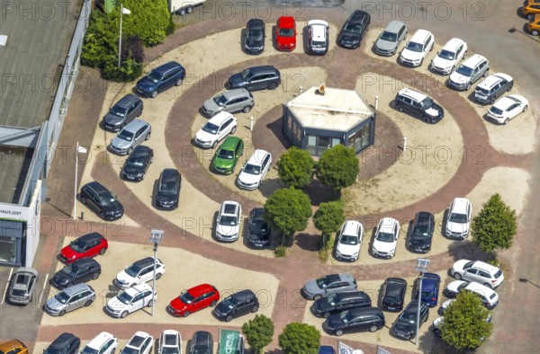 Aerial view, Skoda Autohaus Jost GmbH & Co. KG, new cars set up in the district, Niedereimer, Arnsberg, Sauerland, North Rhine-Westphalia, Germany, Skoda Autohaus, Jost GmbH & Co. KG, new cars, district, vehicles, car dealer, car sales, car park, car dealership, building, car dealership, cars, car park, organisation, structure, trade, business, sales, automotive industry, transport, economy, urban, exterior, daylight