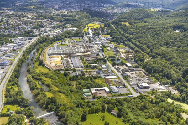 Aerial view, industrial area and sewage treatment plant Hammerweide, river Ruhr and forest area, Obereimer, Arnsberg, Sauerland, North Rhine-Westphalia, Germany, DE, Europe, aerial view, aerial photography, aerial photography, Ruhr area, overview, bird's eye view, birds-eyes view, overview