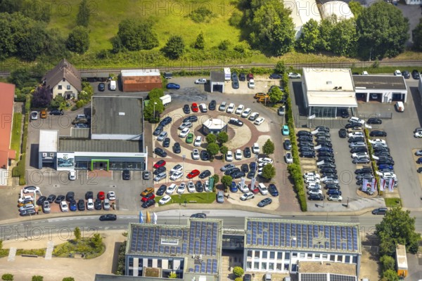 Aerial view, Skoda Autohaus Jost GmbH & Co. KG, new cars set up in the district, Niedereimer, Arnsberg, Sauerland, North Rhine-Westphalia, Germany, Skoda Autohaus, Jost GmbH & Co. KG, new car, district installation, cars, car dealership, vehicles, dealer, car sales, car park, commercial, exterior, architecture, trade, transport, order, industry, brands, automobile, car industry, city, aerial perspective, infrastructure, centre, commercial area, economy