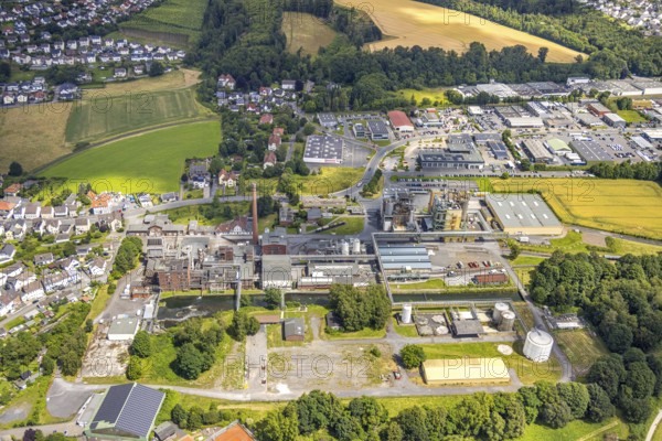 Aerial view, plant Perstorp Chemicals GmbH, behind Stadtwerke Arnsberg GmbH, Niedereimer, Arnsberg, Sauerland, North Rhine-Westphalia, Germany, plant, Perstorp Chemicals GmbH, Stadtwerke Arnsberg GmbH, industry, factory, building, city, city view, landscape, region, terrain, industrial, infrastructure, company, chemical, energy, utility, environment, sky, daytime, outdoor, business, economy, technology