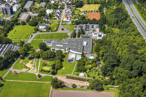 Aerial view, Solepark Große Wiese Freizeitbad Naß, sunbathing lawn and swimming pool, graduation house saltworks, Hüsten, Arnsberg, Sauerland, North Rhine-Westphalia, Germany, Solepark, Große Wiese, Freizeitbad, Naß, sunbathing lawn, swimming pool, graduation house, saltworks, park, swimming pool, leisure, recreation, bathing landscape, water, swimming, summer, nature, green space, relaxation, outdoor area, architecture, structure, tourism, landscape, bird's eye view