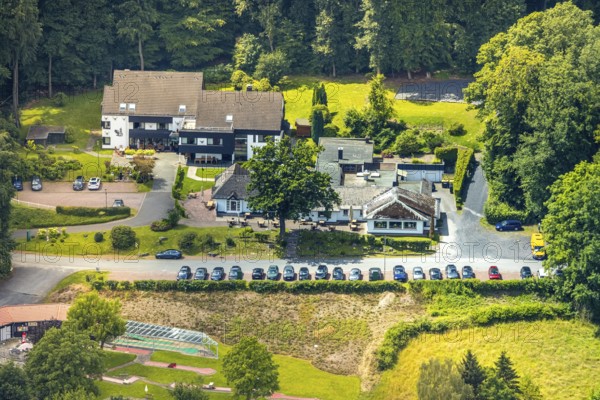 Aerial view, Rodelhaus Hotel and Restaurant, next to the Dorint Hotel, Neheim, Arnsberg, Sauerland, North Rhine-Westphalia, Germany, Rodelhaus Hotel, Restaurant, Dorint Hotel, building, architecture, city, landscape, surroundings, houses, streets, trees, nature, tourism, destination, accommodation, gastronomy, hotel, infrastructure, complex, neighbourhood, region, bird's eye view, exterior view, scene, clouds, sky, daylight, Europe, landmark
