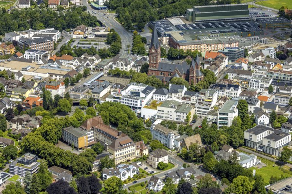 Aerial view, city centre, Klinikum Hochsauerland GmbH administration, St. Johannes Baptist church and Neheimer Markt, Neheim, Arnsberg, Sauerland, North Rhine-Westphalia, Germany, DE, Europe, aerial view, aerial photography, aerial photography, Ruhr area, overview, bird's-eye view, bird's-eye view, overview