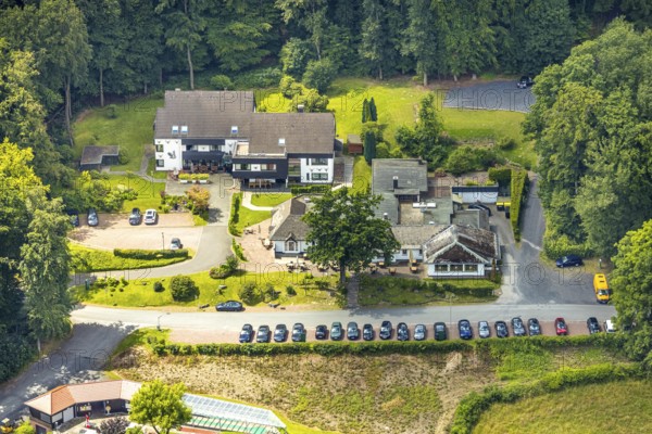 Aerial view, Rodelhaus Hotel and Restaurant, next to the Dorint Hotel, Neheim, Arnsberg, Sauerland, North Rhine-Westphalia, Germany, Rodelhaus Hotel, Restaurant, Dorint Hotel, architecture, building, city, urban, location, infrastructure, landscape, Europe, tourism, hospitality, service, sight, accommodation, gastronomy, sky, day, northern Germany, exterior view, surroundings, business, recreation, nature, travel, exploration