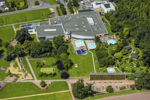 Aerial view, Solepark Große Wiese Freizeitbad Naß with water slide, sunbathing lawn and swimming pool, graduation house saltworks, Hüsten, Arnsberg, Sauerland, North Rhine-Westphalia, Germany, DE, Europe, aerial view, aerial photography, aerial photography, Ruhr area, overview, bird's-eye view, overview