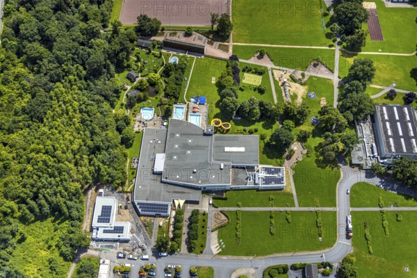 Aerial view, Solepark Große Wiese Freizeitbad Naß, sunbathing lawn and swimming pool, graduation house saltworks, Hüsten, Arnsberg, Sauerland, North Rhine-Westphalia, Germany, DE, Europe, aerial view, aerial photography, aerial photography, Ruhr area, overview, bird's eye view, birds-eyes view, overview