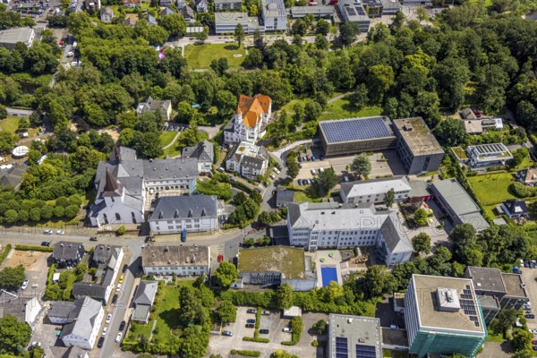 Aerial view, Wedinghausen Monastery and St Laurentius Catholic Provost Church, Laurentianum Grammar School and Villa with spire Senioren-Wohnpark Arnsberg GmbH, Arnsberg, Sauerland, North Rhine-Westphalia, Germany, Wedinghausen Monastery, St Laurentius Catholic Provost Church, St Laurentius Grammar School, Villa with spire Senioren-Wohnpark Arnsberg GmbH, Arnsberg, Sauerland, North Rhine-Westphalia, Germany Laurentius, Laurentianum grammar school, villa with pointed tower, Senioren-Wohnpark Arnsberg GmbH, church, educational institution, historical building, architecture, urban, region, culture, religion, education, senior citizens' residence, village, view, panorama, aerial view, scenic, urban, building, facilities, regional
