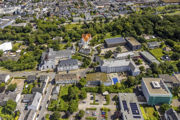Aerial view, Wedinghausen Monastery and St Laurentius Catholic Provost's Church, Laurentianum Grammar School and Villa with Spitzurm Senioren-Wohnpark Arnsberg GmbH, Arnsberg, Sauerland, North Rhine-Westphalia, Germany, Wedinghausen Monastery, St Laurentius Catholic Provost's Church, Villa, Spitzurm Laurentius, Laurentianum grammar school, villa, pointed tower, senior citizens' residential home, architecture, building, historical sites, religion, educational institution, Christian, school, senior citizens' home, town, town view, landscape, ecclesiastical, learning, elderly, church, culture, sights, tourist attractions