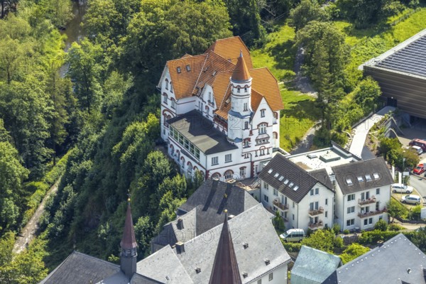 Aerial view, villa with spire Senioren-Wohnpark Arnsberg GmbH, Arnsberg, Sauerland, North Rhine-Westphalia, Germany, villa, spire, senior citizens' residential home, building, architecture, residence, retirement home, park, landscape, town, village, elderly, historic, care facility, residential complex, roofs, green space, trees, surroundings, bird's eye view, European, rural, German, structure, infrastructure