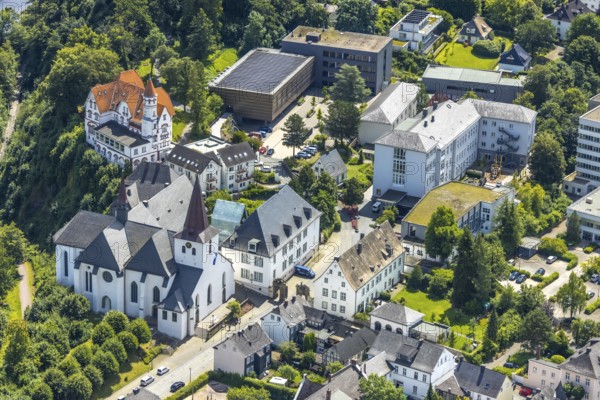 Aerial view, Wedinghausen Monastery and St Laurentius Catholic Provost Church, Laurentianum Grammar School and Villa with spire Senioren-Wohnpark Arnsberg GmbH, Arnsberg, Sauerland, North Rhine-Westphalia, Germany, Wedinghausen Monastery, St Laurentius Catholic Provost Church, St Laurentius Grammar School, Villa with spire Senioren-Wohnpark Arnsberg GmbH, Arnsberg, Sauerland, North Rhine-Westphalia, Germany Laurentius, Laurentianum grammar school, villa with pointed tower, senior citizens' residential home, architecture, building, religion, education, senior citizens' home, monument, town, panorama, historical, culture, church, school, residential home, tower, aerial view, town view, sight, Europe, townscape, public space, church tower, landscape