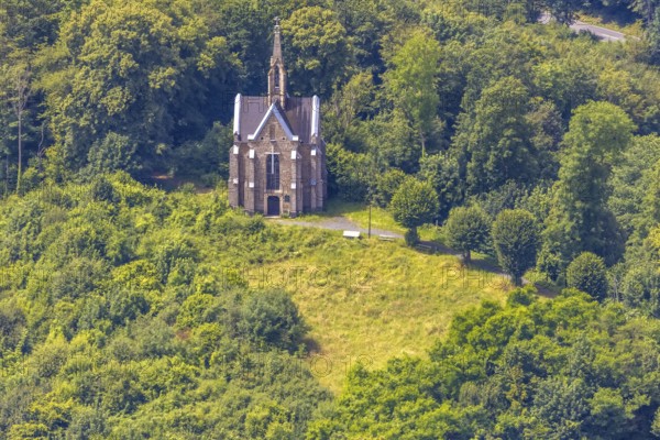 Aerial view, Kreuzberg chapel on the Kreuzberg in the forest area, Arnsberg, Sauerland, North Rhine-Westphalia, Germany, Kreuzberg chapel, Kreuzberg, forest area, church, chapel, catholic, religion, architecture, landscape, nature, forest, tree, hill, green, sight, tourism, view, panorama, building, history, region, travel photography, sky, outdoor shot, summer, day, rural, landmark