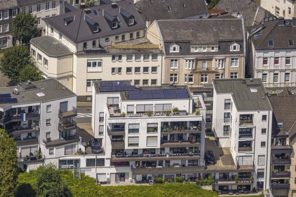 Aerial view, apartment building, residential building Böhmerstraße with balcony and roof terrace with solar, Arnsberg, Sauerland, North Rhine-Westphalia, Germany, DE, Europe, aerial view, aerial photography, aerial photography, Ruhr area, overview, bird's eye view, birds-eyes view, overview