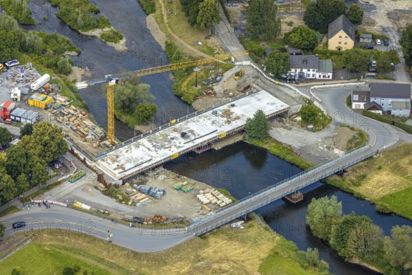 Aerial view, temporary bridge and construction site with new construction of the Dinscheder Ruhrbrücke Glösinger Straße (L735) over the river Ruhr and renaturalisation, Glösingen, Arnsberg, Sauerland, North Rhine-Westphalia, Germany, temporary bridge, construction site, new construction, Dinscheder Ruhrbrücke, Glösinger Straße, L735, river Ruhr, renaturation, infrastructure, construction work, bridge construction, river landscape, landscape, rural, engineering, environment, construction equipment, worker, overpass, traffic, construction project, nature conservation, river bank, water, perspective, structural engineering, daylight, development, architecture, urban, modernisation