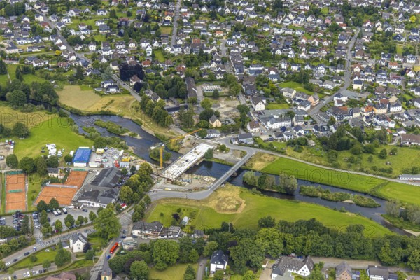 Aerial view, temporary bridge and construction site with new construction of the Dinscheder Ruhrbrücke Glösinger Straße (L735) over the river Ruhr and renaturalisation, Glösingen, Arnsberg, Sauerland, North Rhine-Westphalia, Germany, temporary bridge, construction site, new construction, Dinscheder Ruhrbrücke, Glösinger Straße, L735, river, Ruhr, renaturalisation, riverbank, traffic, construction, infrastructure, bridge construction, landscape, construction project, urban development, aerial view, technology, engineering, water, environment, environmental protection, ecological, restoration, summer, daytime, architecture, construction work, road construction, transport, region, Westphalia