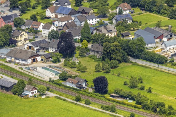 Aerial view, St. Joseph Chapel, Church Im Rohrbruch, residential area and meadow area, Uentrop, Arnsberg, Sauerland, North Rhine-Westphalia, Germany, church, residential area, meadow area, architecture, religion, building, nature, city, landscape, green area, sky, trees, settlement, rural, village, houses, fields, summer, day, landmark, dome, tower, community, environment, tranquillity, idyll, village life, traditional, perspective, photography
