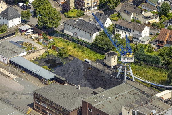 Aerial view, coal stockpile of R.D.M. Arnsberg GmbH paper mill, Arnsberg, Sauerland, North Rhine-Westphalia, Germany, coal stockpile, R.D.M. Arnsberg GmbH, paper mill, industry, coal, factory, storage, environment, energy, raw materials, aerial view, landscape, region, economy, infrastructure, production site, company, terrain, building, clouds, Europe, transport, supply, supply chain, resources