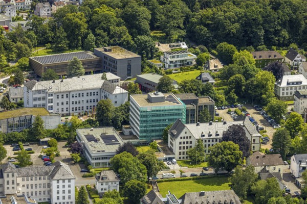 Aerial view, district house and district government, building renovation with cladding and scaffolding, behind the Gymnasium Laurentianum, Arnsberg, Sauerland, North Rhine-Westphalia, Germany, DE, Europe, aerial view, aerial photography, aerial photography, Ruhr area, overview, bird's-eye view, overview
