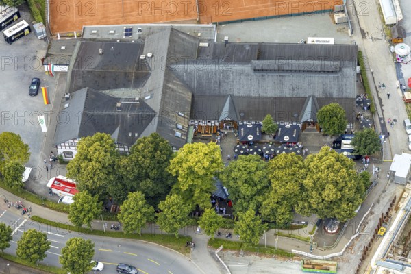Aerial view, Schützenvereinshaus St. Sebastianus Schützenbruderschaft 1766 e.V., Öventrop, Arnsberg, Sauerland, North Rhine-Westphalia, Germany, Schützenvereinshaus, St. Sebastianus Schützenbruderschaft 1766 e.V., building, club, architecture, culture, tradition, community, environment, landscape, village, town, aerial view, Europe, home, clear sky, green, nature