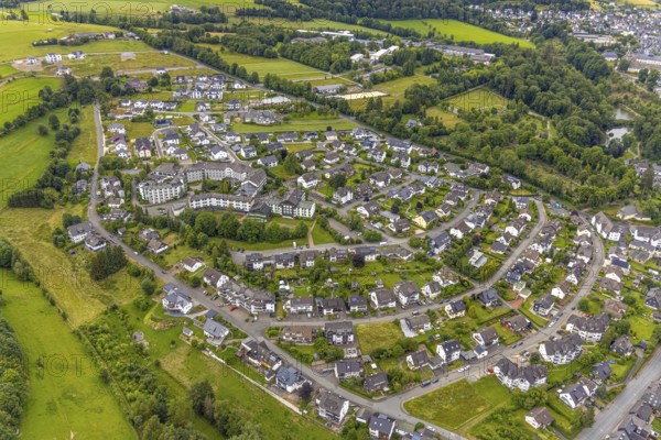 Aerial view, Haus am Sähling - Evangelisches Johanneswerk nursing home, residential area around Lerchenweg, new residential area Am Sengelsberg, behind the Rothaarklinik, Bad Berleburg, Wittgensteiner Land, North Rhine-Westphalia, Germany, everyday life, Am Sengelsberg, architecture, German, Europe, Evangelisches Johanneswerk, building, healthcare facility, green spaces, Haus am Sähling, houses, infrastructure, hospital, landscape, Lerchenweg, aerial view, new development area, nursing, nursing home, region, Rothaarklinik, settlement, town, town view, town planning, traffic, residential area, rural, above