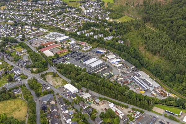Aerial view, commercial area Unterm Limburg, Am Hilgenacker, residential area at the forest, Bad Berleburg, Wittgensteiner Land, North Rhine-Westphalia, Germany, population, trees, village, roofs, development, field, building, commercial area, sky, houses, industry, infrastructure, landscape, aerial view, nature, place, region, view, settlement, town, streets, urban, Unterm Limburg, forest, residential area, residential areas, rural, overview