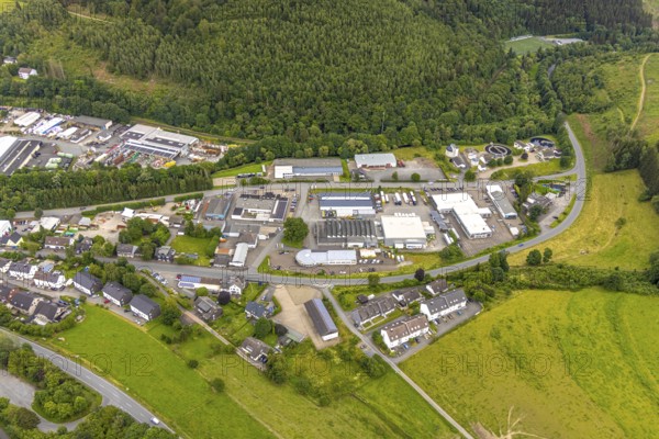 Aerial view, industrial estate Unterm Limburg with sewage treatment plant, Bad Berleburg, Wittgensteiner Land, North Rhine-Westphalia, Germany, architecture, roofs, waste disposal, development, vehicles, building, business area, commercial area, industrial estate, infrastructure, sewage treatment plant, landscape, aerial view, north, region, roads, urban, technology, topography, environment, water treatment plant, economy, urban planning
