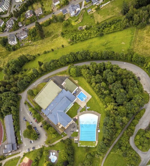 Aerial view, Rothaarbad outdoor pool, Rothaar Wellenfreibad, vertical shot, Bad Berleburg, Wittgensteiner Land, North Rhine-Westphalia, Germany, facilities, architecture, outdoor area, pool, refreshment, recreation, outdoor pool, leisure, building, green areas, sky, infrastructure, landscape, nature, Rothaarbad, swimming pool, summer, urban, day, tourism, bird's eye view, water, clear, swim