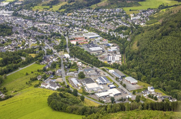 Aerial view, commercial area Unterm Limburg with sewage treatment plant, residential area Bad Berleburg, Wittgensteiner Land, North Rhine-Westphalia, Germany, architectural landscape, view, Bad Berleburg, roofs, development, vehicle traffic, building, commercial area, green areas, sky, industry, infrastructure, sewage treatment plant, sewage works, landscape, aerial view, perspective, town, streets, urban, Unterm Limburg, urban, residential area, residential buildings, clouds, detailed, geographical, rural, regional features, urban planning, suburban