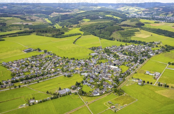 Aerial view, residential area local view Berghausen, forest and meadows hilly landscape with forest damage, Berghausen, Bad Berleburg, Wittgensteiner Land, North Rhine-Westphalia, Germany, trees, village, village view, Europe, building, geography, green areas, houses, hill, hilly landscape, climate, country, landscape, nature, local view, region, settlement, summer, daylight, environment, environmental problems, forest, forest damage, meadows, residential area, rural, vegetation