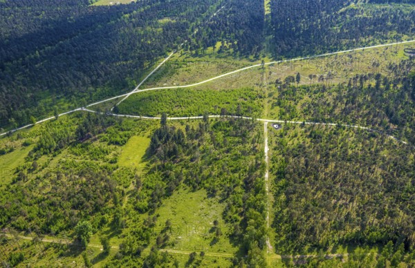 Aerial view, forest pastures Wistinghauser Senne nature reserve, heathland, forest and meadows and fields, Währentrup, Oerlinghausen, East Westphalia, North Rhine-Westphalia, Germany, forest pastures, Wistinghauser Senne, nature reserve, forest, meadows, fields, nature, landscape, protected area, ecological, biodiversity, green, rural, farmland, open space, outdoor, tranquil, conservation, environmental protection, rural scene, aerial view, European, daylight, idyllic, peaceful, harmonious