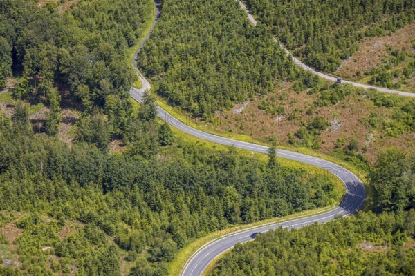 Aerial view, serpentines at the Ochsenkopf between Arnsberg and Sundern in the forest area with forest damage Stockumer Höhe, Sunderner Straße Landesstraße L685, Arnsberg, Sauerland, North Rhine-Westphalia, Germany, DE, Europe, aerial view, aerial photography, aerial photography, Ruhr area, overview, bird's eye view, birds-eyes view, overview