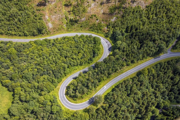 Aerial view, serpentines at the Ochsenkopf between Arnsberg and Sundern in the forest area with forest damage Stockumer Höhe, Sunderner Straße Landesstraße L685, Arnsberg, Sauerland, North Rhine-Westphalia, Germany, DE, Europe, aerial view, aerial photography, aerial photography, Ruhr area, overview, bird's eye view, birds-eyes view, overview