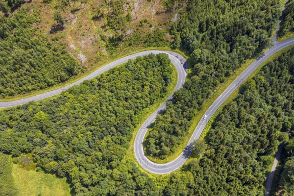 Aerial view, serpentines at the Ochsenkopf between Arnsberg and Sundern in the forest area with forest damage Stockumer Höhe, Sunderner Straße Landesstraße L685, Arnsberg, Sauerland, North Rhine-Westphalia, Germany, DE, Europe, aerial view, aerial photography, aerial photography, Ruhr area, overview, bird's eye view, birds-eyes view, overview