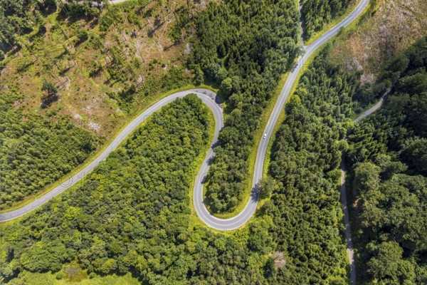 Aerial view, serpentines at the Ochsenkopf between Arnsberg and Sundern in the forest area with forest damage Stockumer Höhe, Sunderner Straße Landesstraße L685, Arnsberg, Sauerland, North Rhine-Westphalia, Germany, serpentines, Ochsenkopf, Sundern, forest area, forest damage, Stockumer Höhe, Sunderner Straße, Landesstraße L685, road, landscape, nature, forest, damage, trees, traffic, infrastructure, curves, altitude, rural, environment, vegetation, perspective, aerial view, environmental damage, region, geographical, tranquillity, green, sky, day