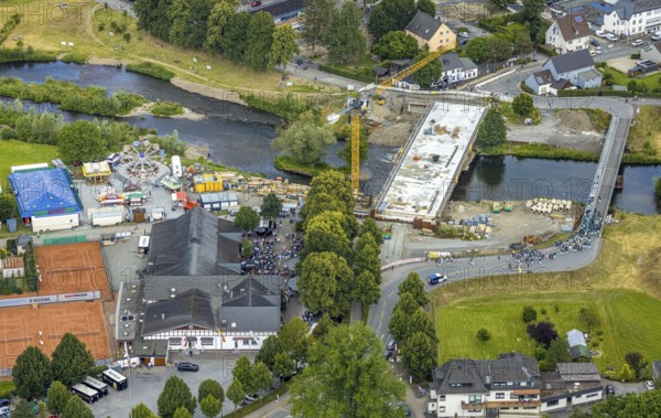 Aerial view, temporary bridge and construction site with new construction of the Dinscheder Ruhrbrücke Glösinger Straße (L735) over the river Ruhr and renaturalisation, Glösingen, Arnsberg, Sauerland, North Rhine-Westphalia, Germany, temporary bridge, construction site, new construction, Dinscheder Ruhrbrücke, Glösinger Straße, L735, river, Ruhr, renaturation, infrastructure, bridge, construction, construction work, river landscape, nature, environment, technology, traffic, road construction, development, engineering, spring, daylight, panorama, landscape, water, renovation, modernisation, aerial view, structure, bridge construction