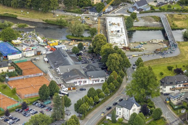 Aerial view, shooting club parade and shooting hall, St. Sebastianus Schützenbruderschaft 1766 e.V. Öventrop, Glösingen, Arnsberg, Sauerland, North Rhine-Westphalia, Germany, DE, Europe, aerial photography, aerial photography, aerial photography, Ruhr area, overview, bird's-eye view, bird's-eye view, overview