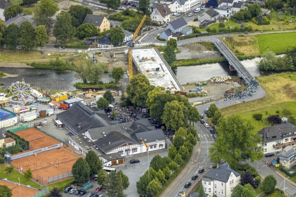 Aerial view, shooting club parade and shooting hall, St. Sebastianus Schützenbruderschaft 1766 e.V. Öventrop, Glösingen, Arnsberg, Sauerland, North Rhine-Westphalia, Germany, DE, Europe, aerial photography, aerial photography, aerial photography, Ruhr area, overview, bird's-eye view, bird's-eye view, overview