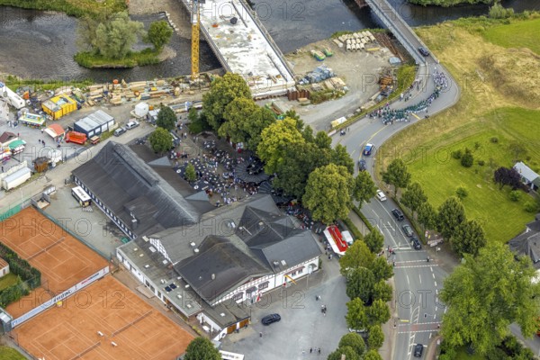 Aerial view, shooting club parade and shooting hall, St. Sebastianus Schützenbruderschaft 1766 e.V. Öventrop, Glösingen, Arnsberg, Sauerland, North Rhine-Westphalia, Germany, DE, Europe, aerial photography, aerial photography, aerial photography, Ruhr area, overview, bird's-eye view, bird's-eye view, overview