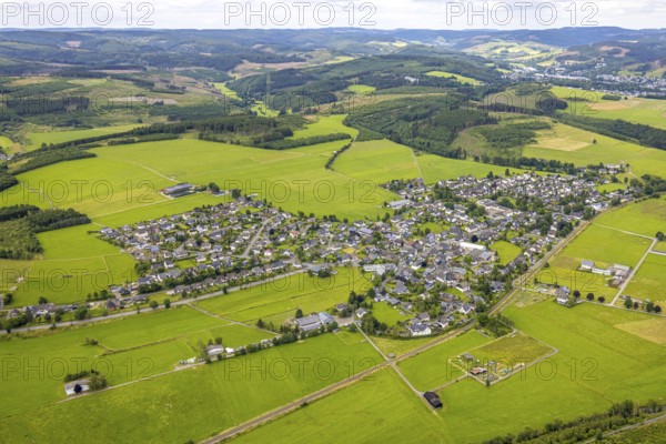 Aerial view, residential area local view Berghausen, forest and meadows hilly landscape with forest damage, Berghausen, Bad Berleburg, Wittgensteiner Land, North Rhine-Westphalia, Germany, trees, village, fields, green, autumn, sky, houses, hill, hilly landscape, idyll, landscape, nature, local view, settlement, daylight, environment, environmental damage, forest, forest damage, meadows, residential area, exterior, rural, overview