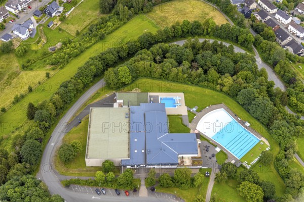 Aerial view, Rothaarbad outdoor pool, Rothaar Wellenfreibad, Bad Berleburg, Wittgensteiner Land, North Rhine-Westphalia, Germany, architecture, outdoor area, pool, view from above, recreation, outdoor pool, leisure, leisure facility, building, green area, landscape, aerial view, local recreation, nature, region, Rothaarbad, swimming pool, summer, sport, urban development, tourism, holiday, holiday destination, water, swimming