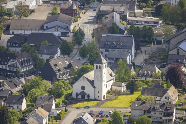 Aerial view, Christkönig Catholic Church, residential area, Bestwig, Sauerland, North Rhine-Westphalia, Germany, Christkönig Church, catholic, church, architecture, religion, building, village, town, settlement, roofs, streets, trees, green areas, sky, daytime, culture, community, history, rural, European, German style, regional, society, skyline, houses, neighbourhood