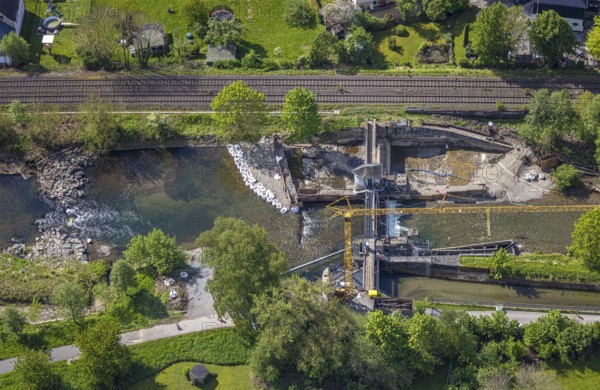 Aerial view, construction site, construction work renovation weir Velmede, Velmede, Bestwig, Sauerland, North Rhine-Westphalia, Germany, construction site, construction work, renovation, weir, infrastructure, engineering, construction, renovation, hydraulic engineering, river, landscape, technology, drone image, project, development, workers, machines, equipment, excavator, concrete, riverbed, geography, region, environment, engineers, summer, daylight, transport, progress, architecture, bridge, location