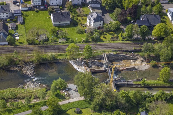 Aerial view, construction site, construction work renovation dam Velmede, Velmede, Bestwig, Sauerland, North Rhine-Westphalia, Germany, construction site, construction work, renovation, dam, infrastructure, engineering, workers, machines, cranes, concrete, river, landscape, water, technology, progress, development, construction, project, renovation, dam, river course, view, elevation view, regional, technology, work progress, civil engineering, environmental protection, river management